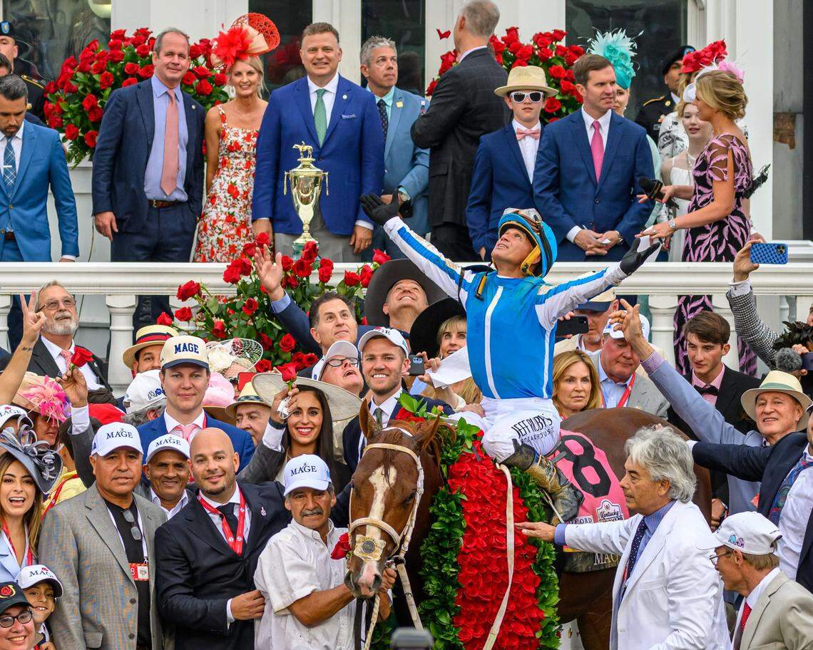 Javier Castellano celebrates in the winners circle after winning the 149th running of the Kentucky Derby on Mage at Churchill Downs in Louisville, Ky., on Saturday, May 6, 2023.