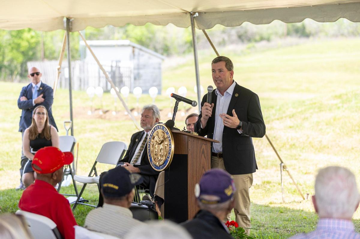 Kentucky State Rep. Matthew Koch speaks during a groundbreaking for a Solid Waste and Recycling Center in Paris, Ky., on Monday, April 29, 2024. The new facility will replace the current transfer station which was placed in a Black neighborhood in Paris in the 1960s. People in Paris have been working for years to move the transfer station out of the neighborhood.