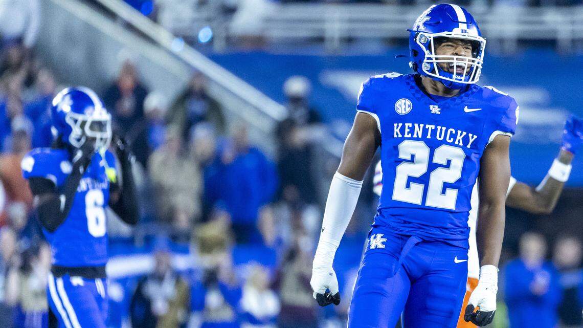 Kentucky linebacker Grant Godfrey (22) made his first career start in UK’s 42-10 win over Tennessee Tech last week and tied for the team high with five tackles.