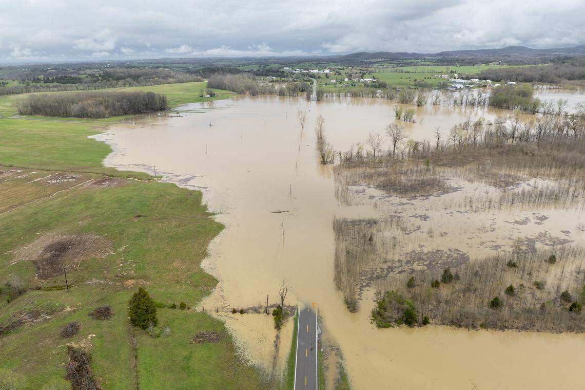 Water floods Kentucky Route 39 near Crab Orchard in Lincoln County, Ky., on Friday, April 4, 2025.