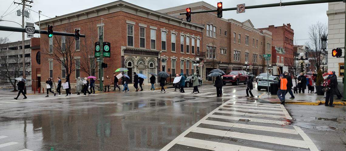 Protesters march downtown Frankfort, Ky., Jan. 10, 2026, in memory of Renee Nicole Good, 37, who was shot and killed Jan. 7 by a U.S. Immigration and Customs Enforcement agent in Minneapolis.