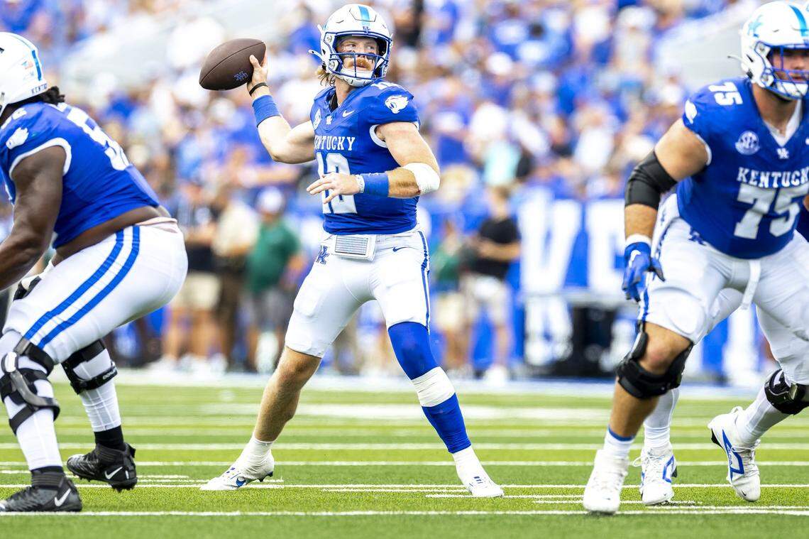 Kentucky quarterback Brock Vandagriff (12) threw for 237 yards in Saturday’s win against Ohio.