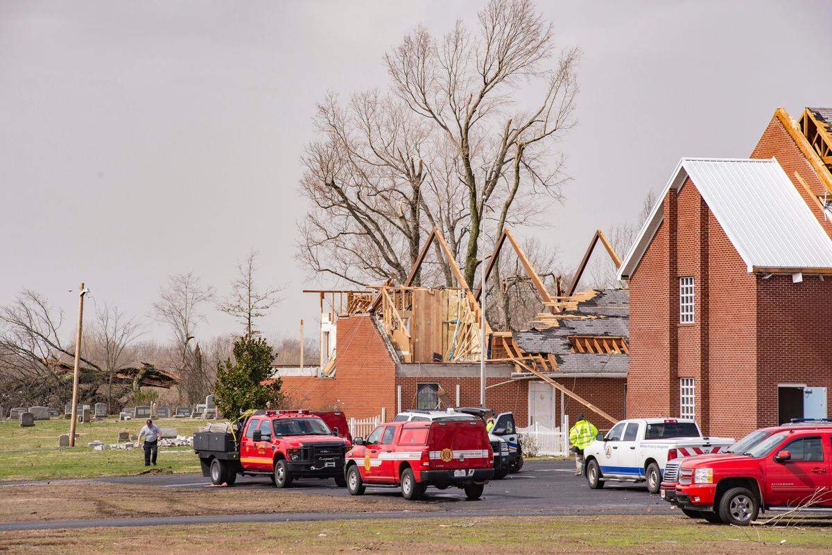 This Thursday, March 14, 2019 photo shows damage to Mount Zion Church in West Paducah, Ky. The twister left a path in western Kentucky from Lovelaceville through the West Paducah area, according to Keith Todd, a spokesman for the Kentucky Transportation Cabinet. (Dave Thompson/The Paducah Sun via AP)
