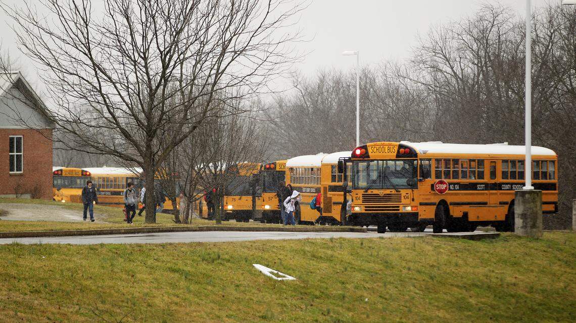 Students walked to their buses after class at Scott County High School in Georgetown, which houses grades 10 to 12. Ninth-graders are in a separate building.