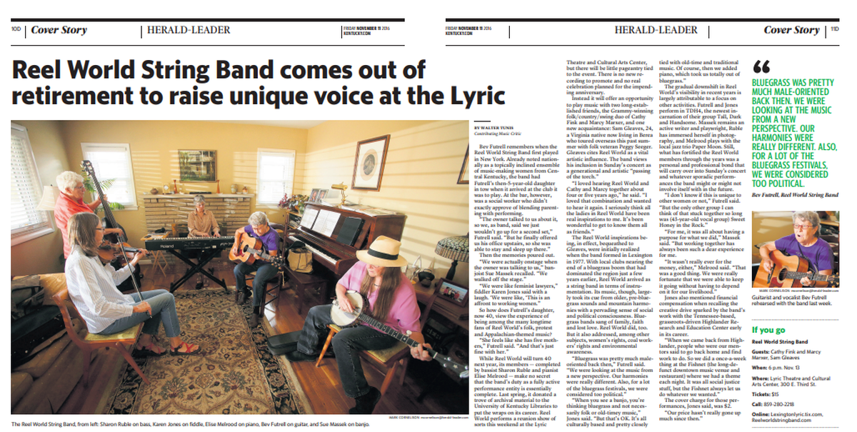 Walter Tunis wrote about local bluegrass musicians the Reel World String Band in 2016.