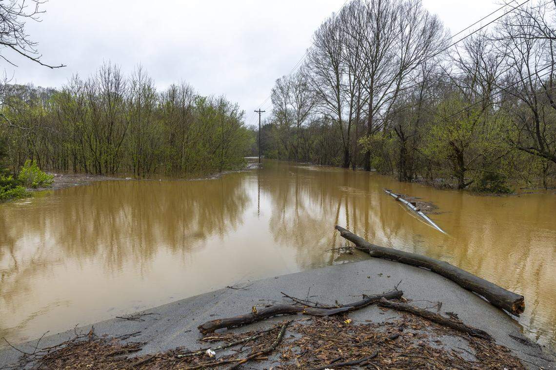 A section of Bellwood Road is flooded in Nelson County, Ky., on Sunday, April 6, 2025.