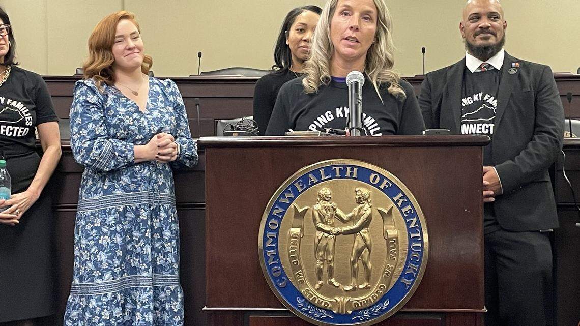 Jessica Ashby speaks at a press conference at the Kentucky Capitol Annex Wednesday.