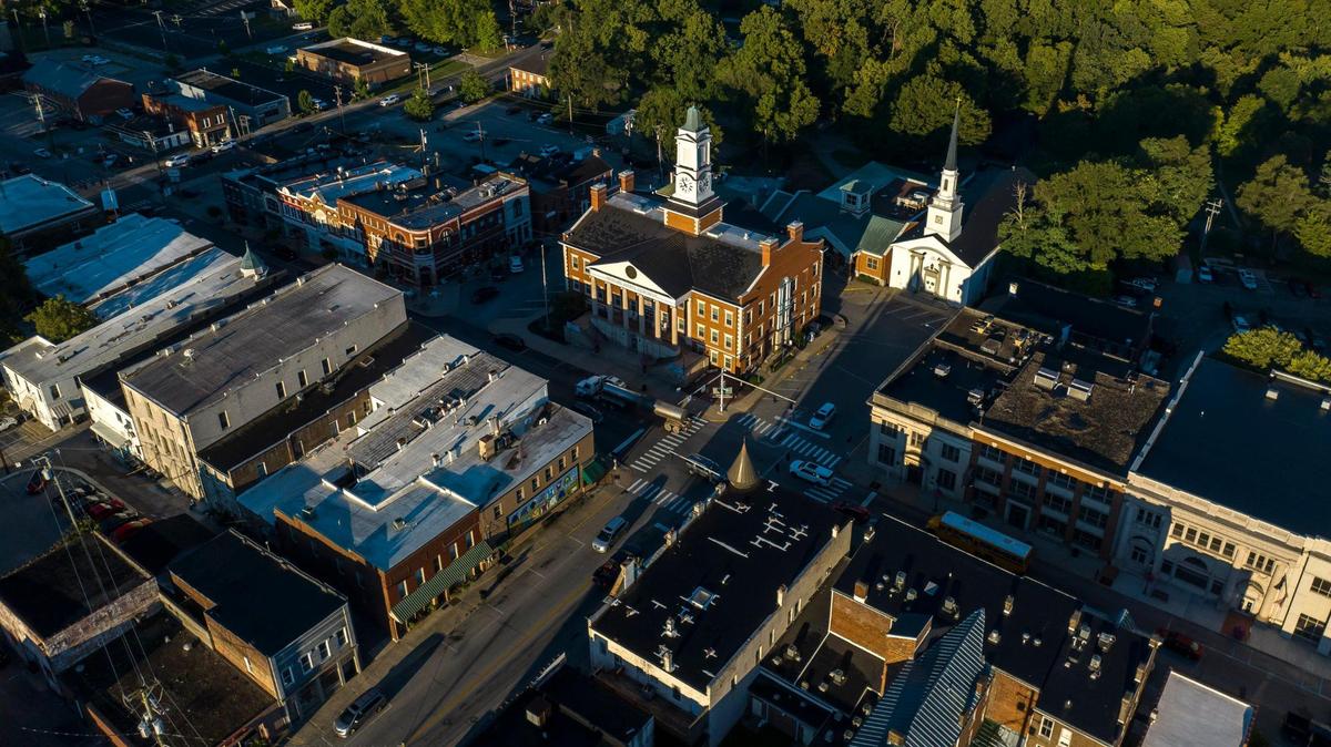 The Woodford County Courthouse, upper right, is surrounded by revitalization projects. “We’re in the middle of the largest private capital infusion in 40 years, with a lot of folks investing in downtown restaurants, bourbon bars and shops,” said Ken Kerkhoff, chairman of the Versailles Downtown Revitalization Committee.