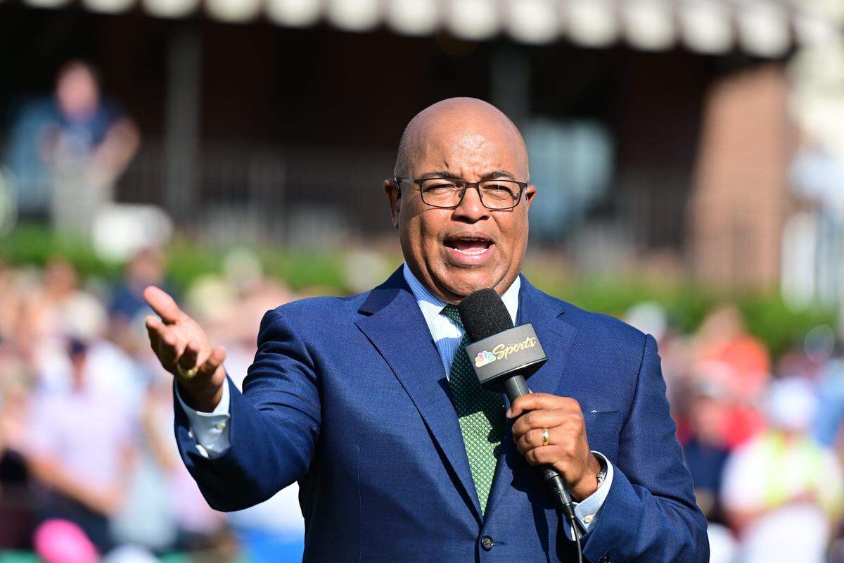 Aug 28, 2022; Atlanta, Georgia, USA; NBC commentator Mike Tirico speaks during the final round of the TOUR Championship golf tournament. Mandatory Credit: Adam Hagy-USA TODAY Sports
