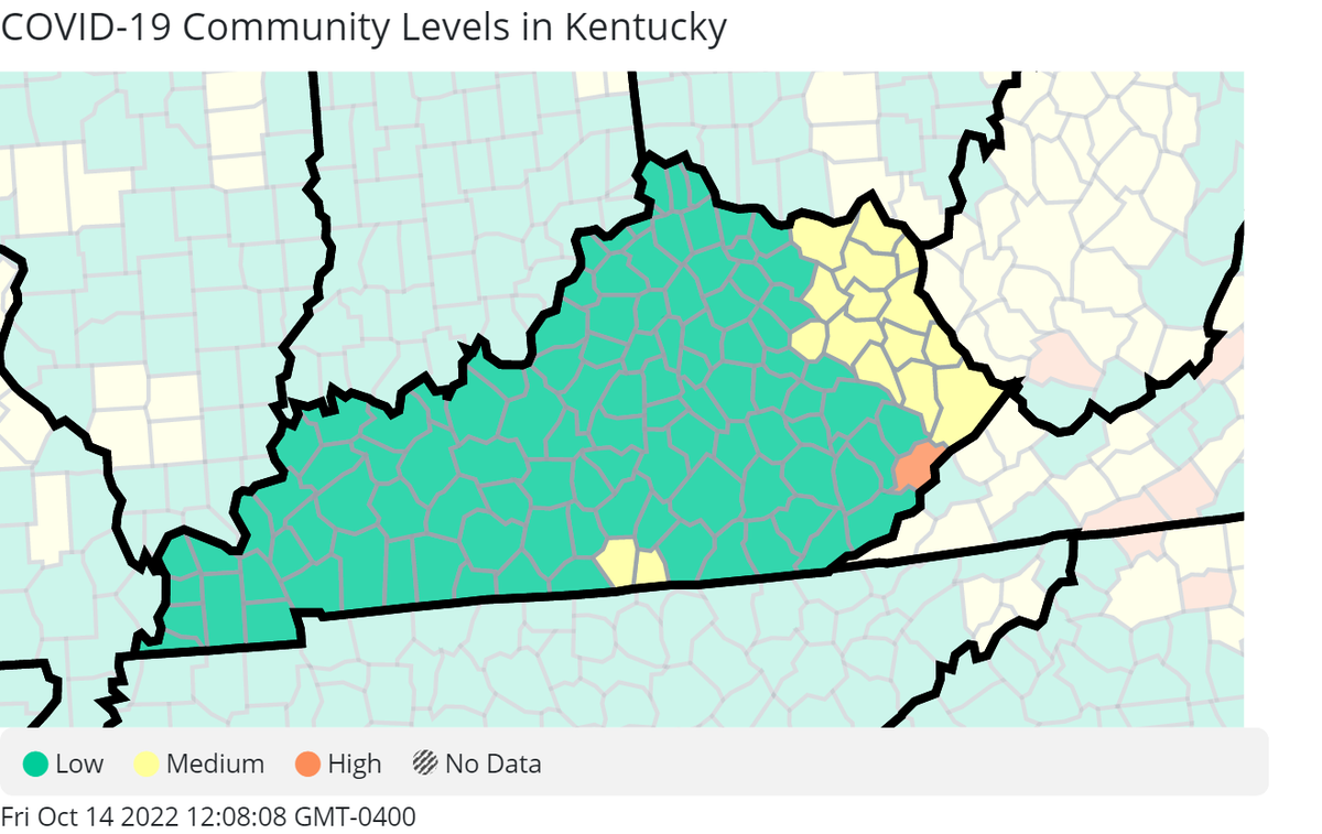 A map showing Kentucky’s COVID-19 Community Levels as of Oct. 13, 2022. 