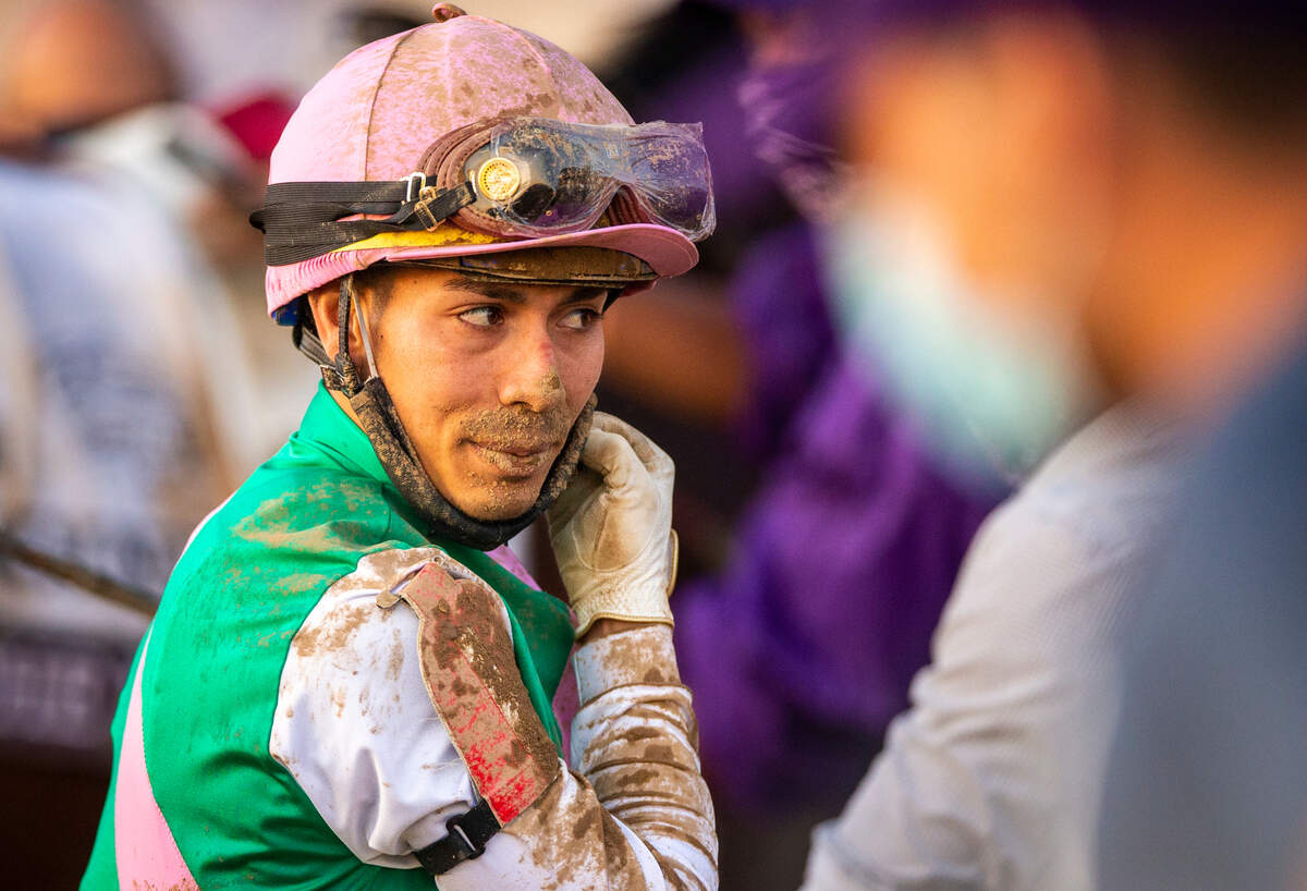 Jose Ortiz takes off his helmet after finishing the Breeders’ Cup Classic on Tacitus during the second day of the Breeder’s Cup World Championships at Keeneland in Lexington, Ky., Saturday, November 7, 2020. Ortiz and Tacitus finished in fourth place.