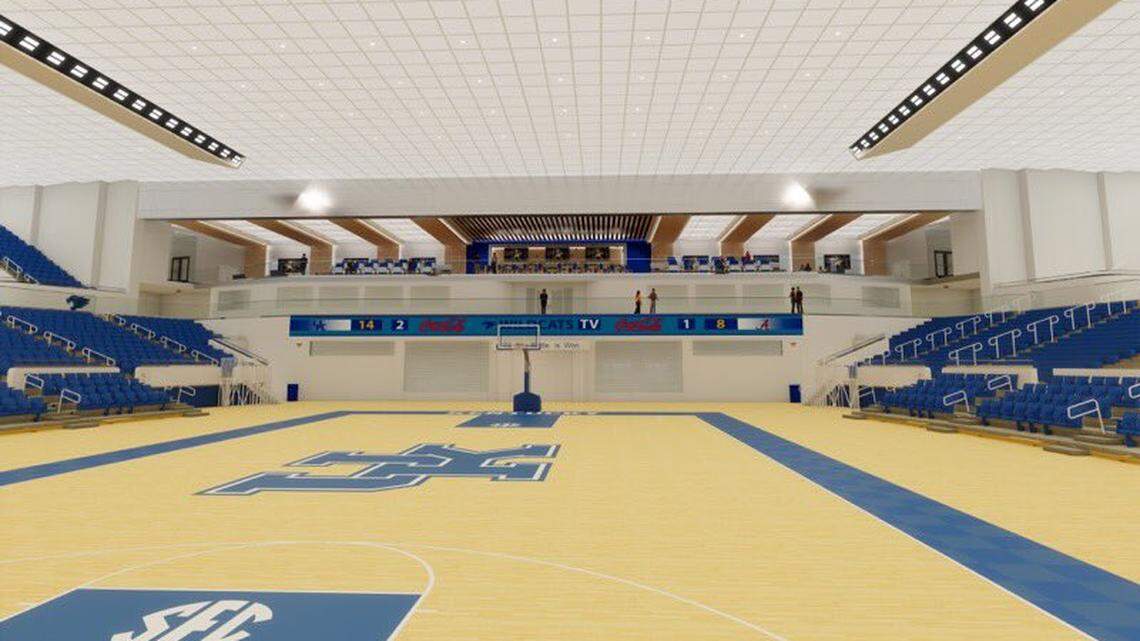 A rendering posted on Twitter Monday by the Kentucky women’s basketball and gymnastics accounts shows what a new blue seating bowl, new bright white ceiling tiles and a north end club seating area would look like in Memorial Coliseum after renovations. No timetable for the work has been announced.
