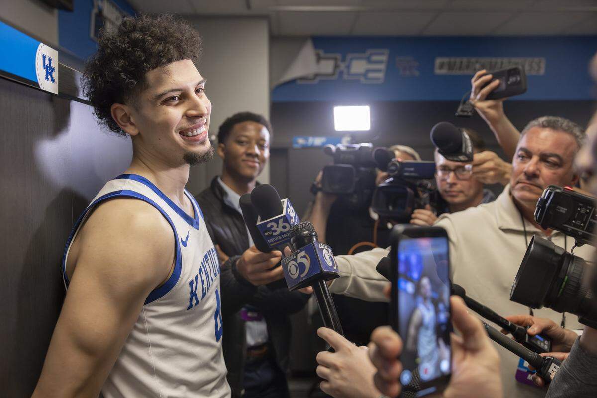 Kentucky guard Koby Brea (4) speaks with the media following a second-round NCAA Tournament victory against Illinois at Fiserv Forum in Milwaukee on Sunday.