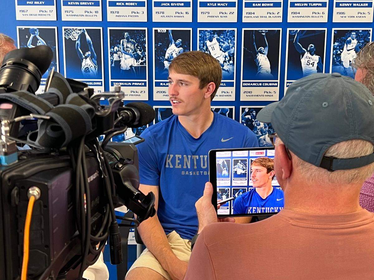 New UK men’s basketball team member Travis Perry interviews during a media opportunity held at the Joe Craft Center in Lexington, Ky; on July 25, 2024.