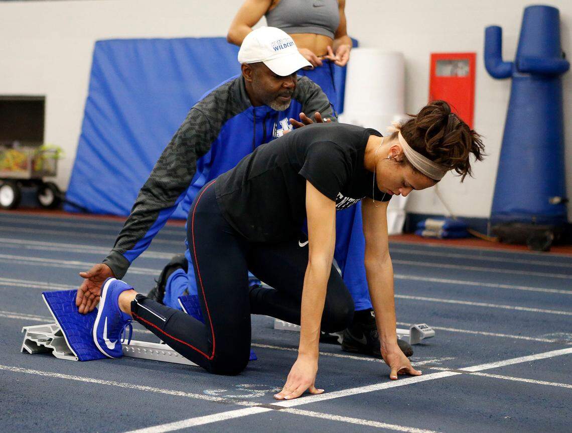 Edrick Floreal worked with freshman Sydney McLaughlin on her starts during a UK track and field practice this past season.