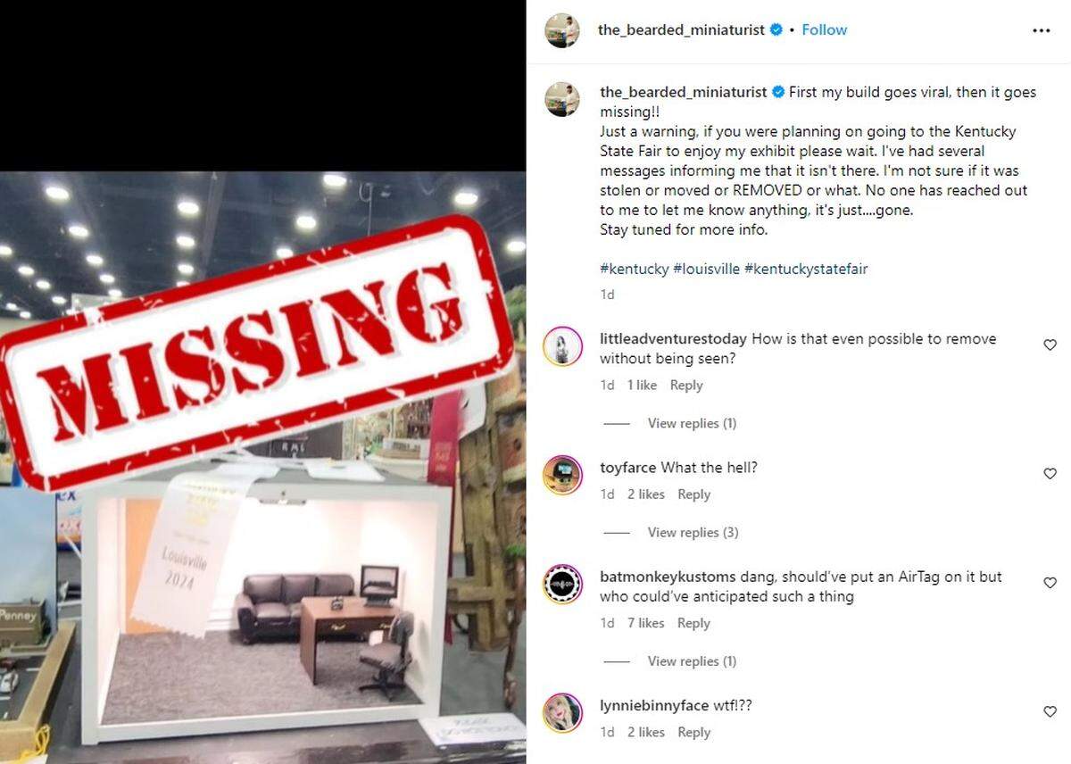 Preston Poling posted a picture of his award-winning miniature build to his Instagram page with a “Missing” stamp on it after Kentucky State Fair officials removed it from display, telling him it was inappropriate. 
