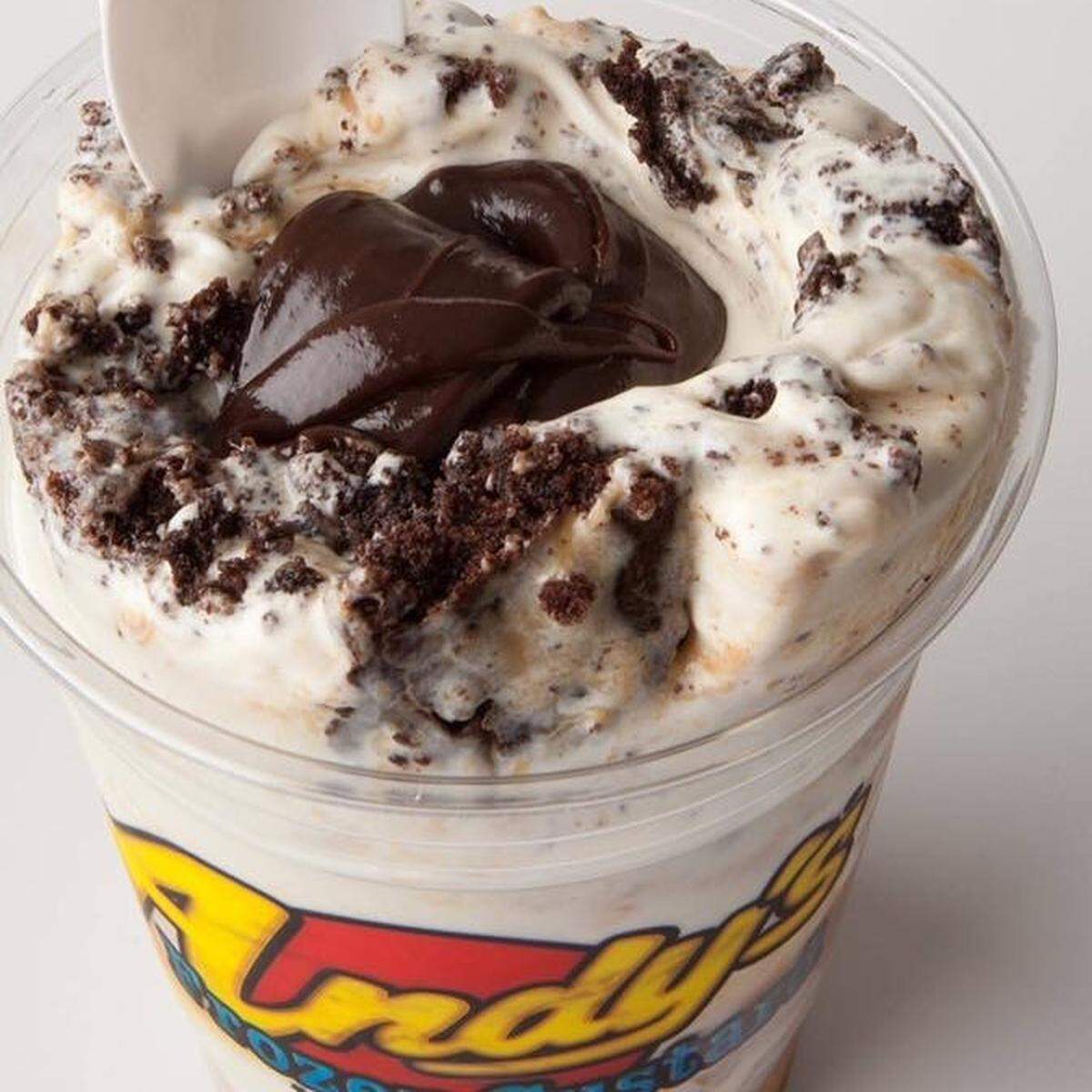 The James Brownie Funky Jackhammer at Andy’s is vanilla frozen custard blended with creamy peanut butter and baked-fresh daily brownies then filled with hot fudge.