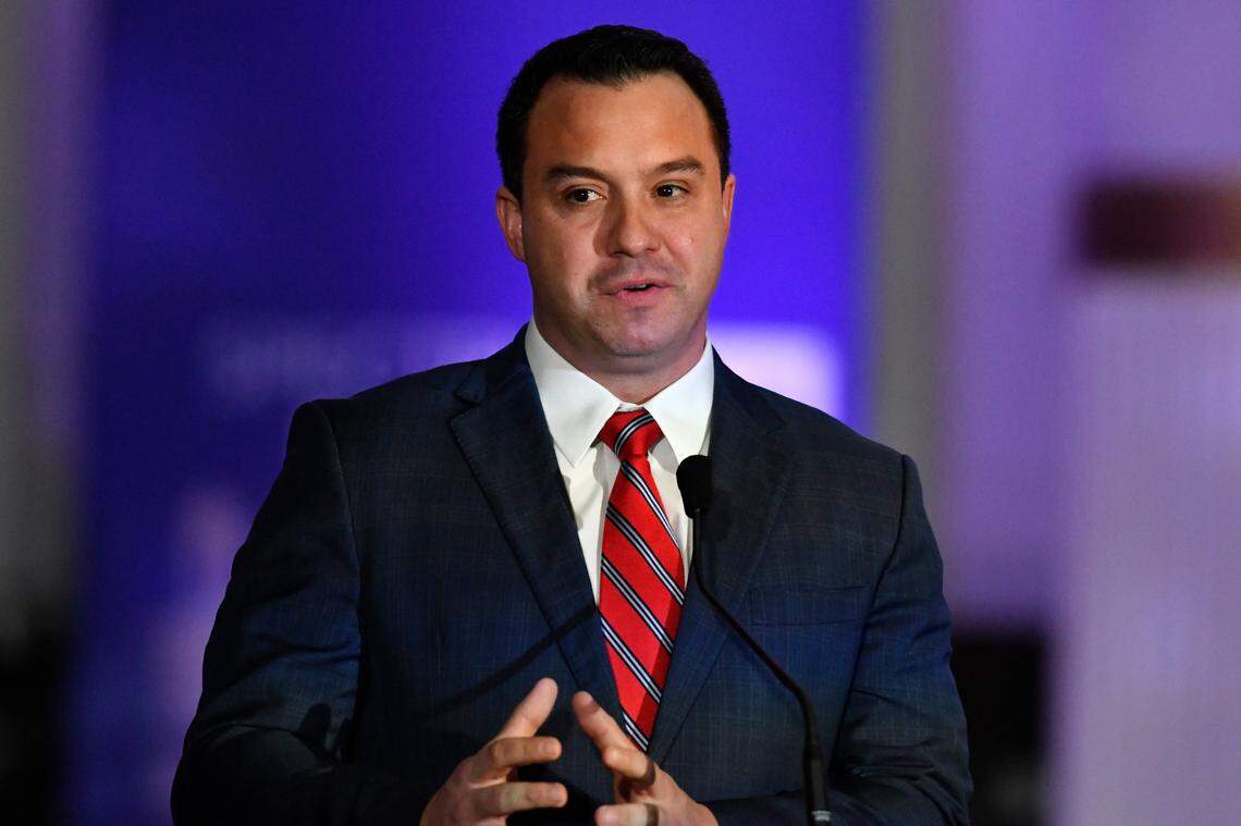Somerset, Ky., Mayor Alan Keck responds to a moderators question during the Kentucky Gubernatorial GOP Primary Debate in Louisville, Ky., Tuesday, March 7, 2023. (AP Photo/Timothy D. Easley, Pool)