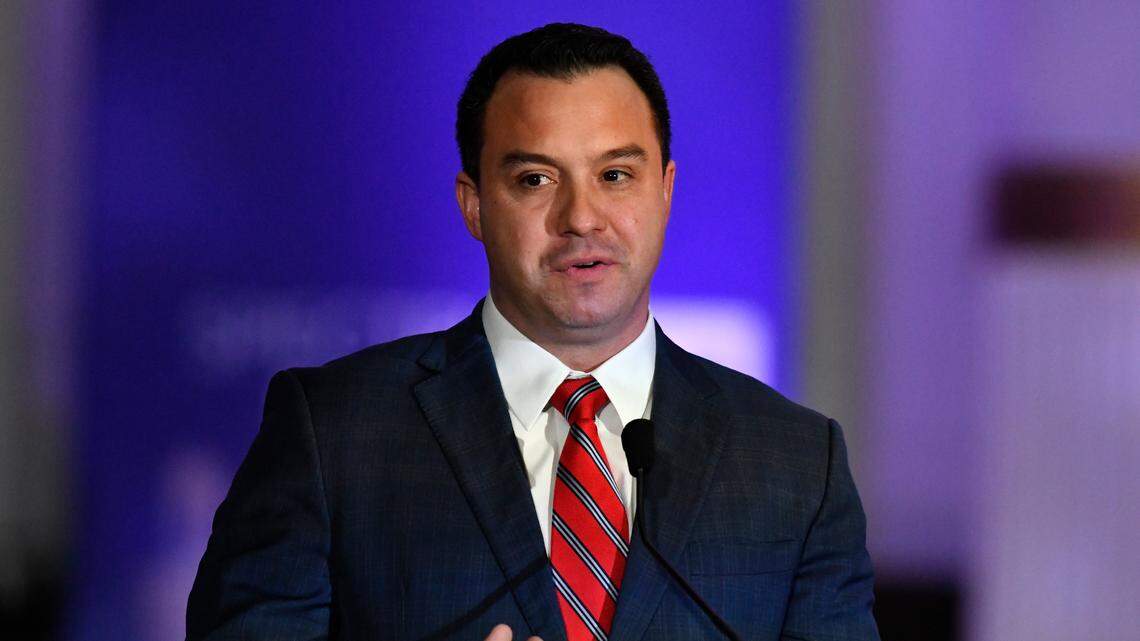 Somerset, Ky., Mayor Alan Keck responds to a moderators question during the Kentucky Gubernatorial GOP Primary Debate in Louisville, Ky., Tuesday, March 7, 2023. (AP Photo/Timothy D. Easley, Pool)