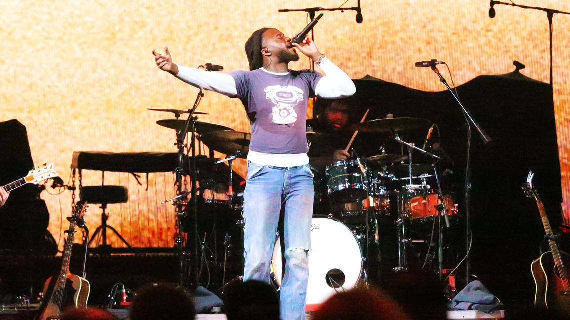 Grammy-nominated musician, singer, songwriter, and record producer Shaboozey sings his viral hit “A Bar Song (Tipsy)” for a large crowd at Rupp Arena on November 8, 2024, in Lexington, Ky.