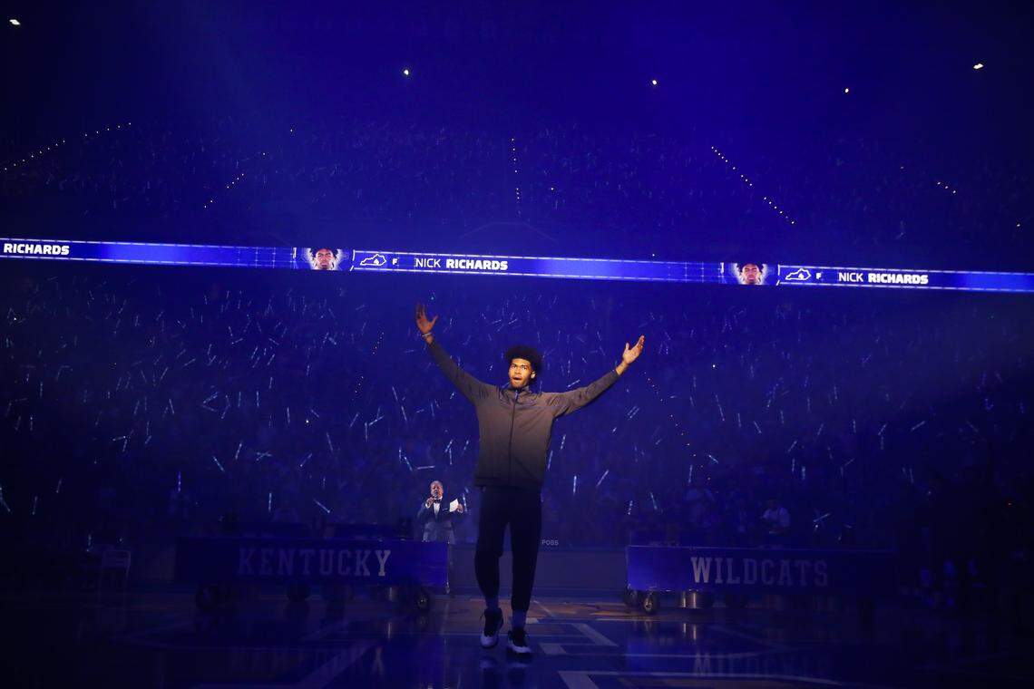 Nick Richards greeted the crowd during player introductions at Big Blue Madness.