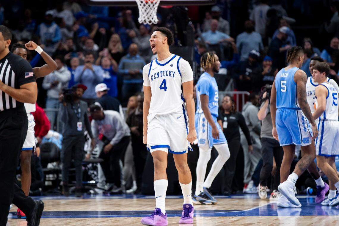 Kentucky Wildcats forward Tre Mitchell (4) celebrates defeating the North Carolina Tar Heels in the CBS Sports Classic on Saturday. Mitchel had 8 points in the UK win.