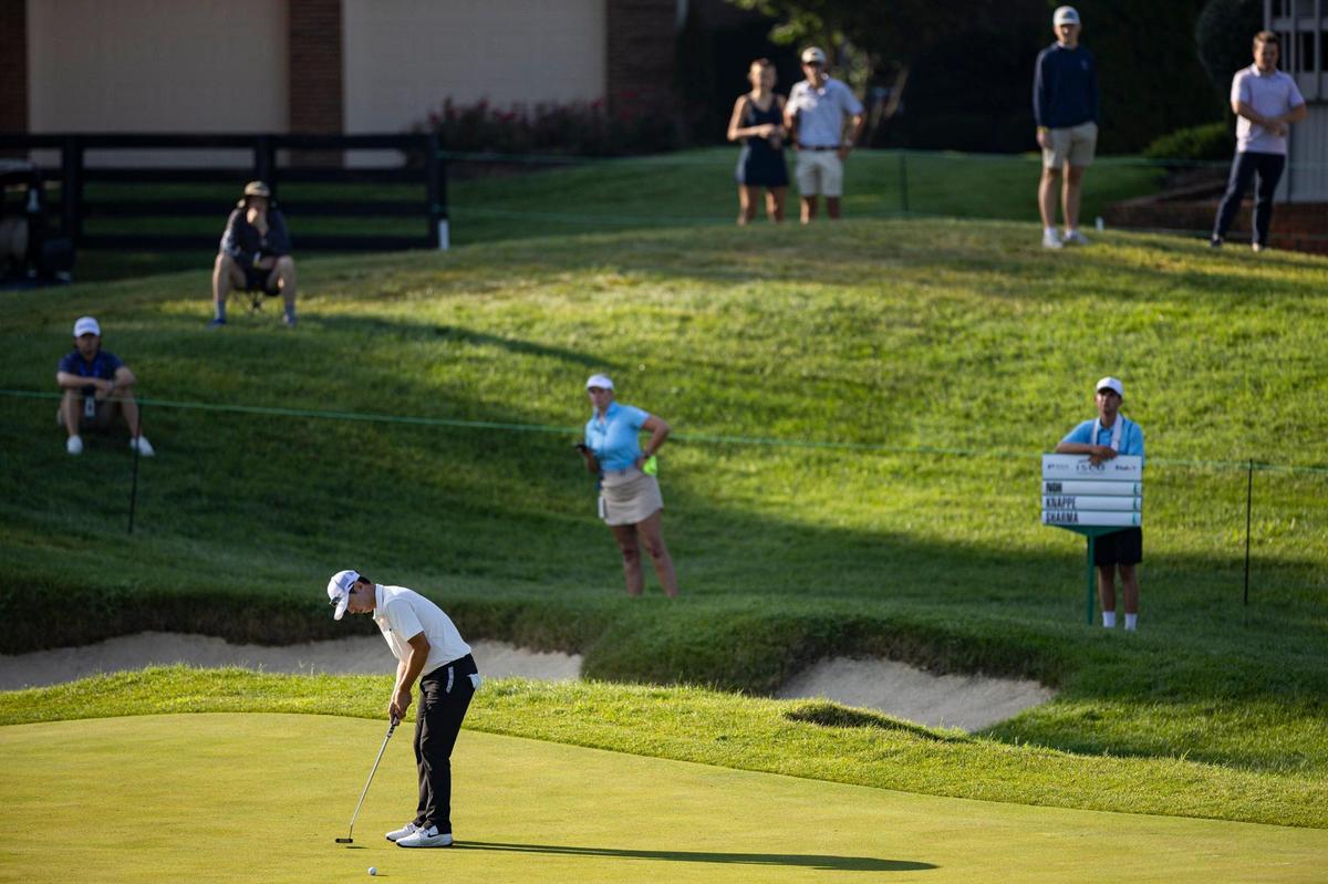 S.Y. Noh putts his ball on the 1st hole during the first round of the ISCO Championship on Thursday, July 10, 2025, at Hurstbourne Country Club in Louisville, Ky.