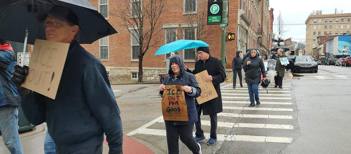 Protesters marchein downtown Frankfort, Ky., Jan. 10, 2026, in memory of Renee Nicole Good, 37, who died after being shot Jan. 7 by a federal immigration agent in Minneapolis.