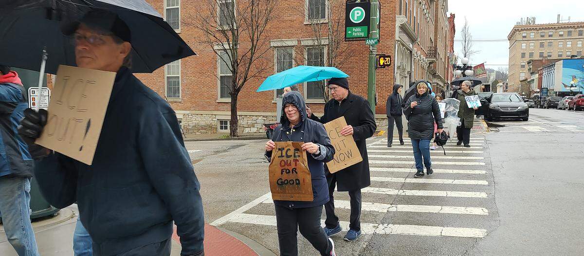Protesters marchein downtown Frankfort, Ky., Jan. 10, 2026, in memory of Renee Nicole Good, 37, who died after being shot Jan. 7 by a federal immigration agent in Minneapolis.