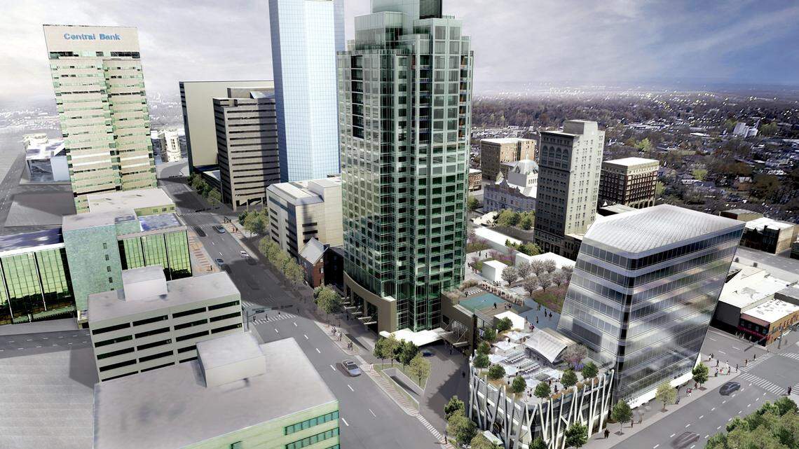 A rendering of the latest CentrePointe project update showed an aerial view from Vine and Limestone.