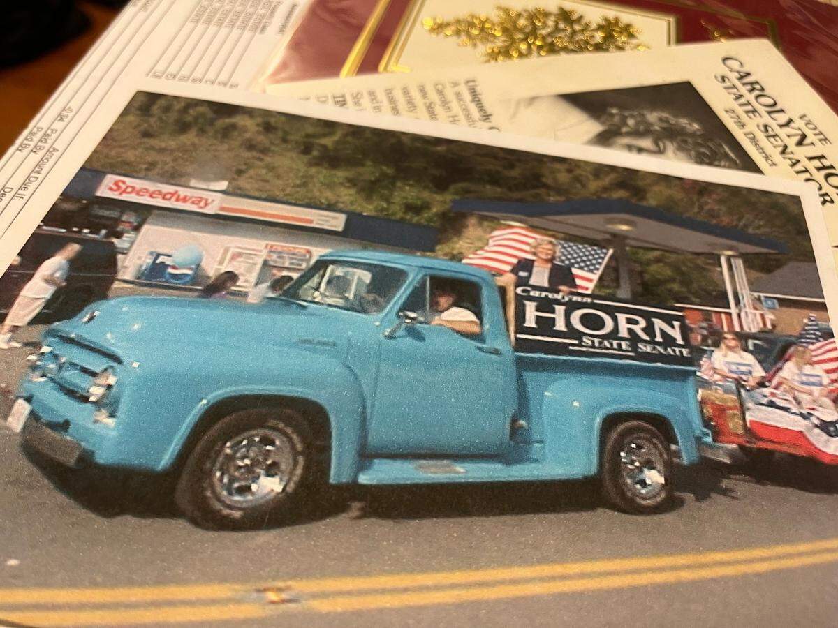 Billy Douglas “Bunk” Burke drives a truck promoting Carolyn Horn’s 2000 run for State Senate through a parade in West Liberty, Ky.