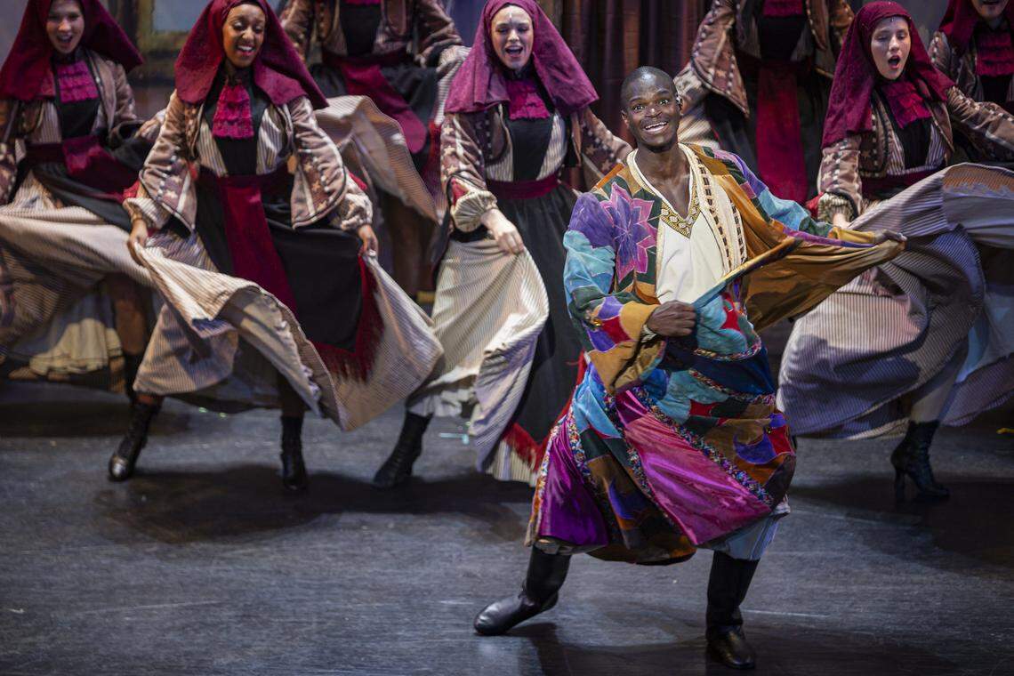 Darien Sanders, right, dances during a rehearsal of Joseph and The Amazing Technicolor Dreamcoat Monday, July 28, 2025, at the Lexington Opera House in Lexington, Ky.