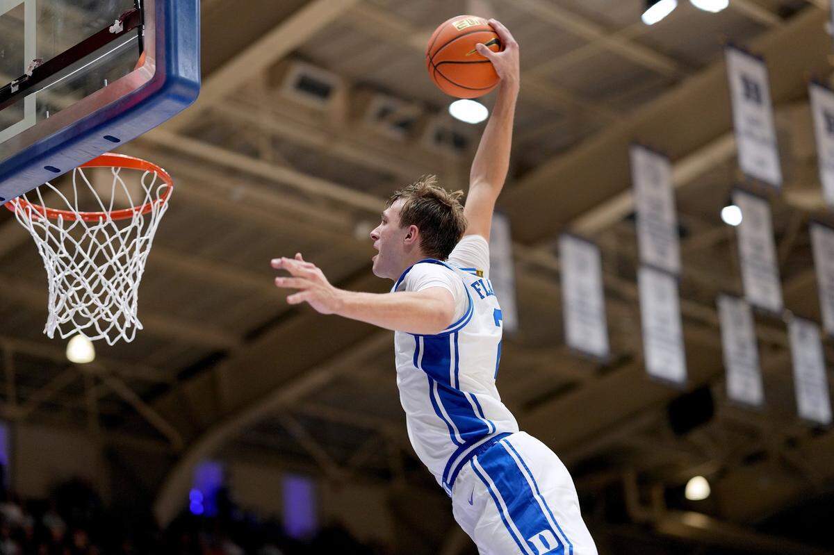 Duke’s Cooper Flagg drives for a dunk against the Lincoln Lions during the second half of an exhibition game at Cameron Indoor Stadium in Durham, North Carolina, on Oct. 19.