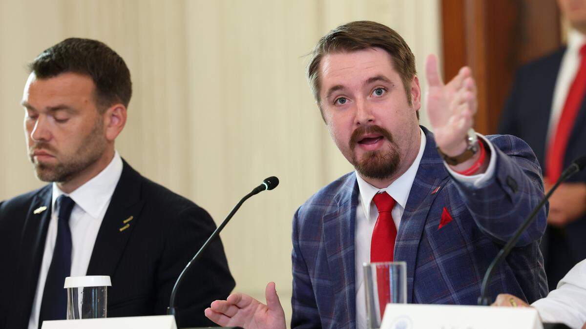 WASHINGTON, DC - OCTOBER 08: Conservative influencer Nick Sortor gestures as he speaks during a roundtable discussion in the State Dining Room of the White House on October 08, 2025 in Washington, DC. Trump's administration held the roundtable to discuss the anti-fascist Antifa movement after signing an executive order designating it as a â€œdomestic terrorist organizationâ€. (Photo by Anna Moneymaker/Getty Images)