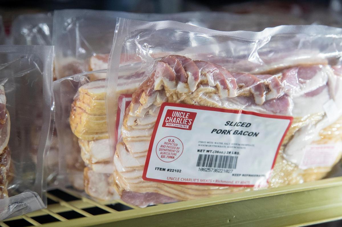 Fresh bacon at Uncle Charlie’s Meats market in Richmond, Ky., Friday, May 20, 2022. The most popular product is the pork tenderloin.