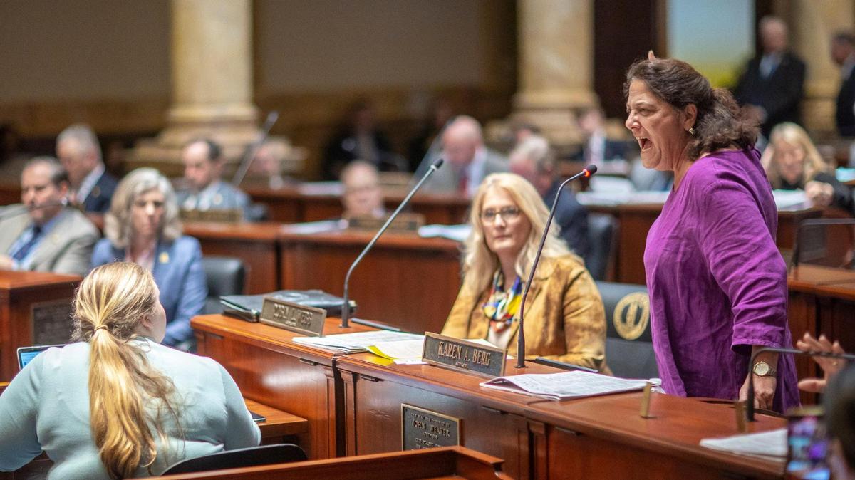Kentucky Sen. Karen Berg, D-Louisville, speaks in opposition of SB 150 at the Kentucky state Capitol on Thursday, Feb. 16, 2023. The bill, which passed the Senate, would allow teachers to choose whether or not to use a student’s pronouns.