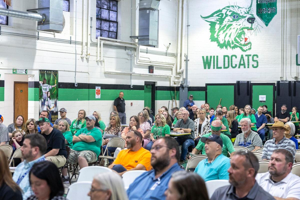Community members attend an open meeting at Arlie Boggs Elementary School in Eolia, Ky., on Thursday, April 17, 2025. The school has faced declining enrollment.