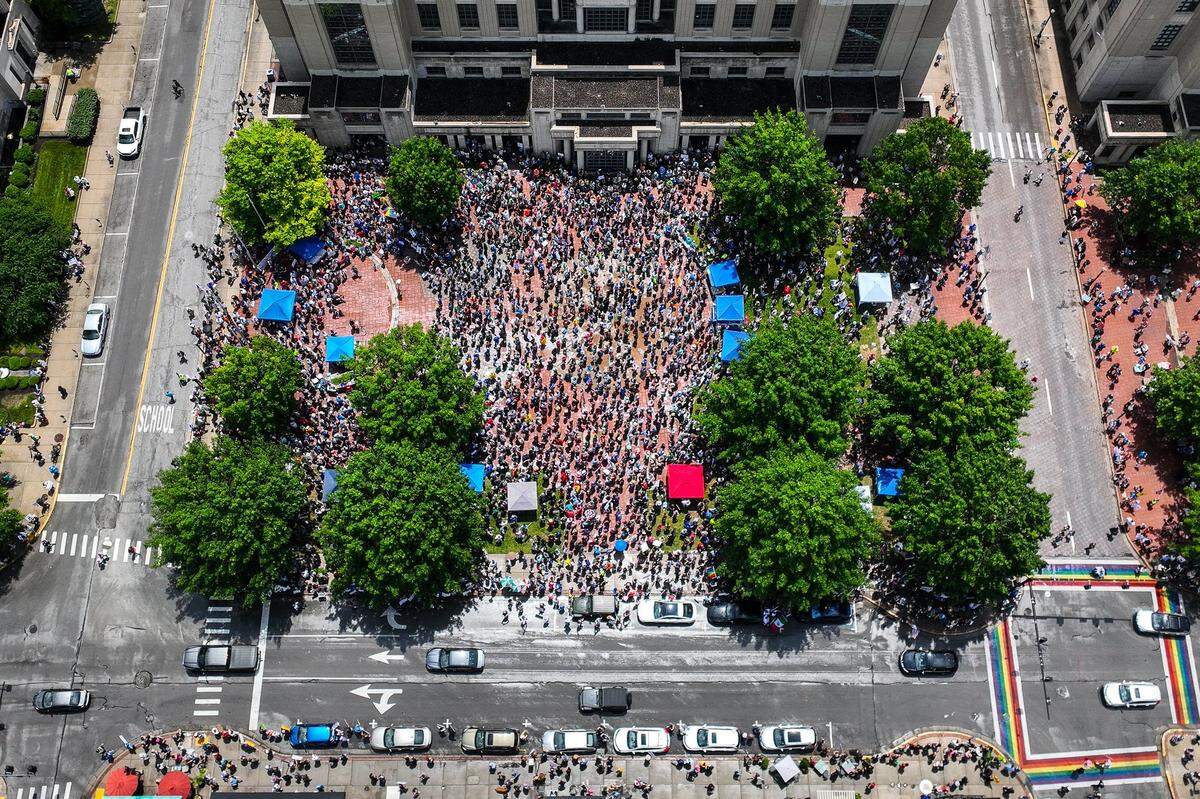Hundreds of people turn out for the “No Kings” protest of President Donald Trump’s administration Saturday, June 14, 2025, in downtown Lexington.