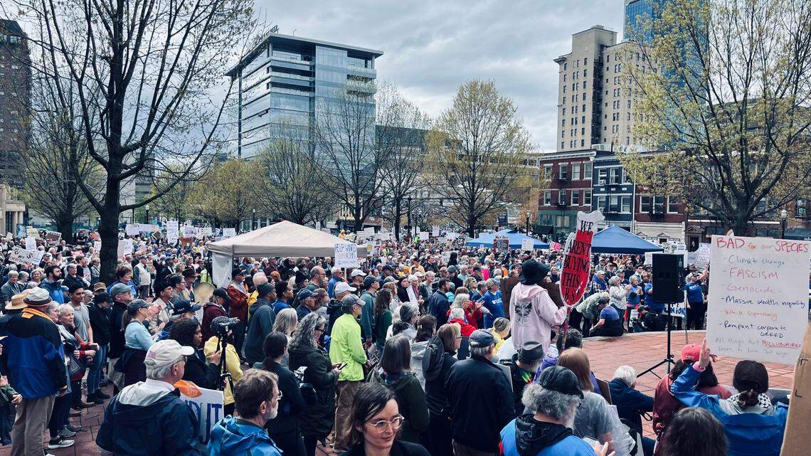 People filled the courthouse square in downtown Lexington as part of the national Hands Off rally to protest the administration of President Donald Trump.