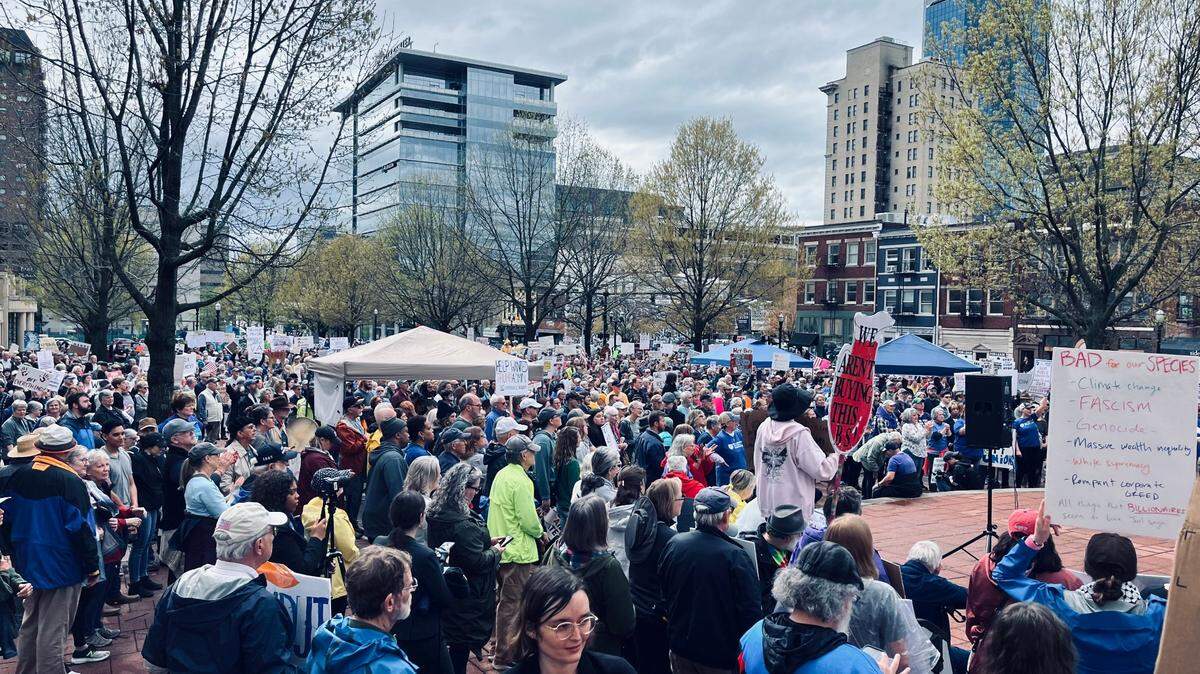 People filled the courthouse square in downtown Lexington on April 5, 2025 as part of the national Hands Off rally to protest the administration of President Donald Trump.