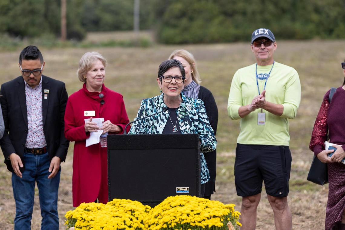 Mayor Linda Gorton and members of the city council break ground for Cardinal Run North Park in Lexington, Ky, Wednesday, October 11, 2023. The land for Cardinal Run North Park was bought in 1997 and will have 137 acres.
