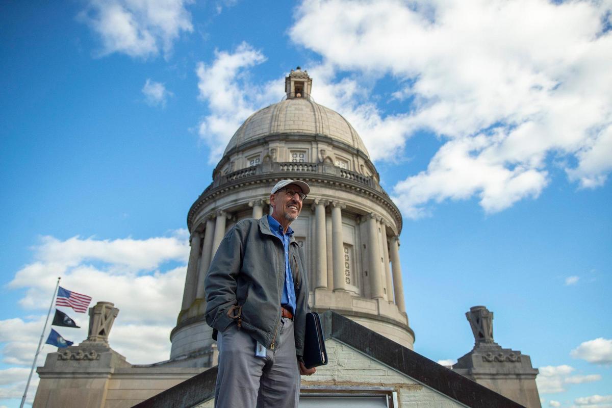 Bernie Engelman, architect and project manager in the Finance and Administration Cabinet’s Department for Facilities and Support Services, poses for a photo on the roof of the Kentucky state Capitol in Frankfort, Ky., on Tuesday, Oct. 26, 2021. Renovations and repairs are being undertaken at the Capitol.