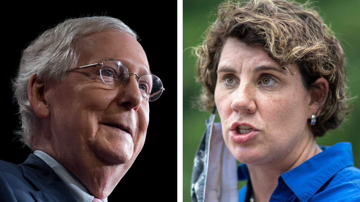U.S. Senate Majority Leader Mitch McConnell, the Republican, left, will face and Amy McGrath, the Democrat, in the November general election.