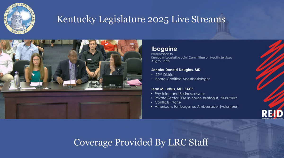 Nicholasville Republican Sen. Donald Douglas, center, floats his 2026 bill for Kentucky to study ibogaine as a potential therapeutic for addiction. He’s joined by Jessica Blackburn, left, and Dr. Jean Loftus, right, both of whom are volunteers with Americans for Ibogaine.
