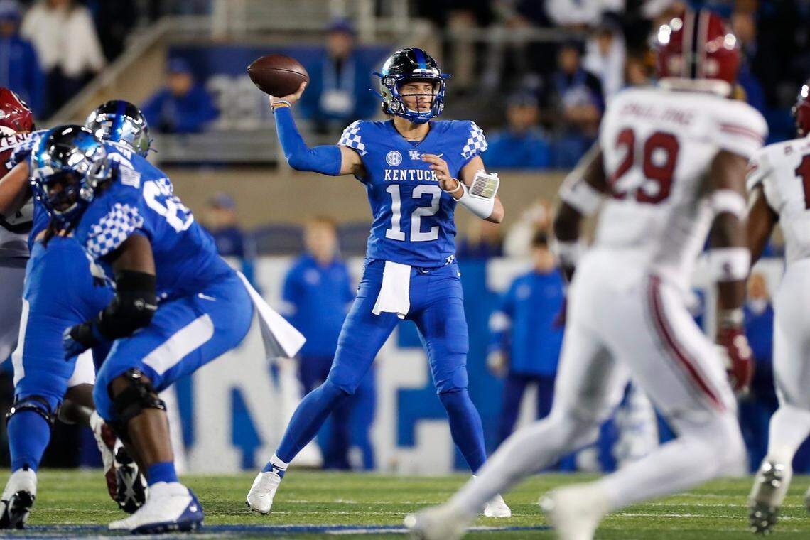 With starting quarterback Will Levis injured, Kentucky backup Kaiya Sheron (12) got the call in the Wildcats’ 24-14 loss to South Carolina last season at Kroger Field. Sheron threw for 177 yards and two touchdowns with an interception vs. the Gamecocks.