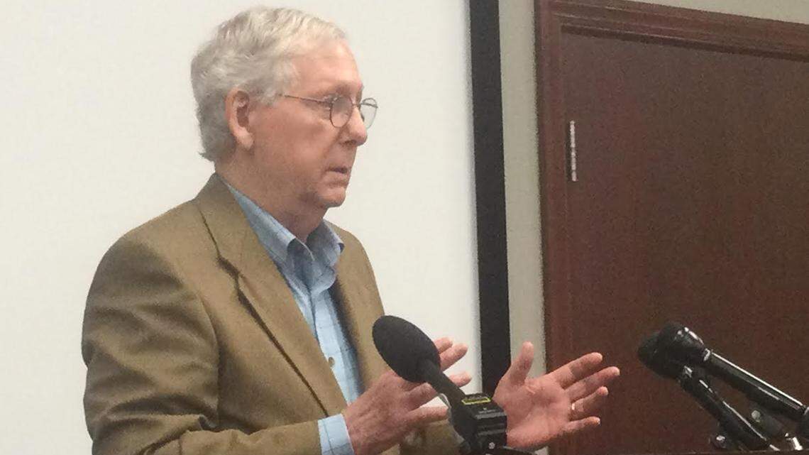 U.S. Senate Minority Leader Mitch McConnell said Wednesday, June, 2, 2021, at a news conference in Shelbyville, Ky, that he disagrees with Kentucky Gov. Andy Beshear’s decision not to end the extra $300 a week for unemployment insurance benefits.