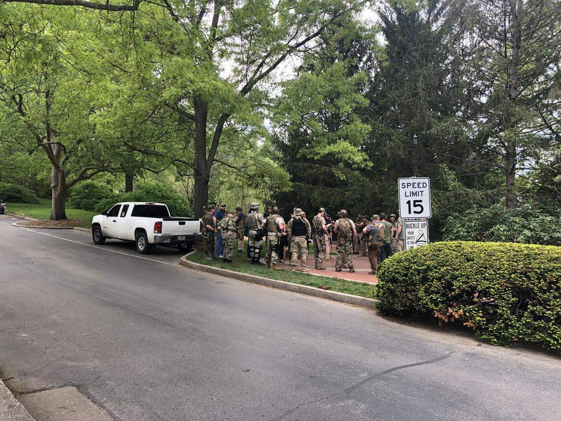A group of Three Percenters meets ahead of a Freedom Rally at the Kentucky Capitol on Saturday May 2, 2020. A man associated with the group was pictured hanging an effigy of Gov. Andy Beshear weeks later.