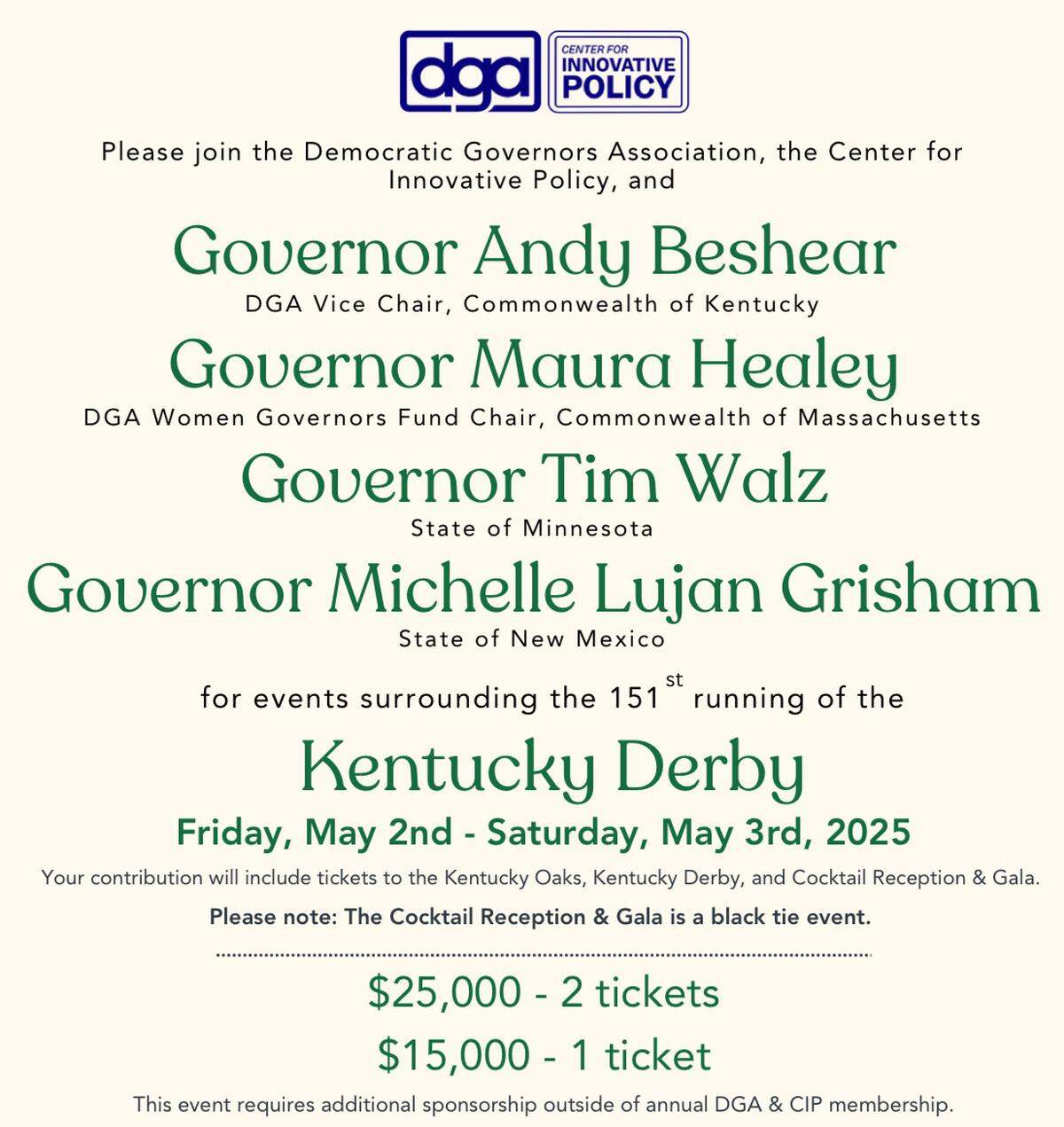 A flier advertising a multi-day Kentucky derby fundraising event for the Democratic Governors Association