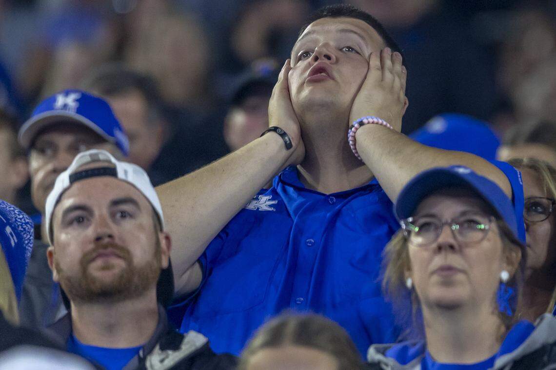 Fans react during Saturday’s game between the Kentucky and Vanderbilt at Kroger Field. The Wildcats lost 20-13.