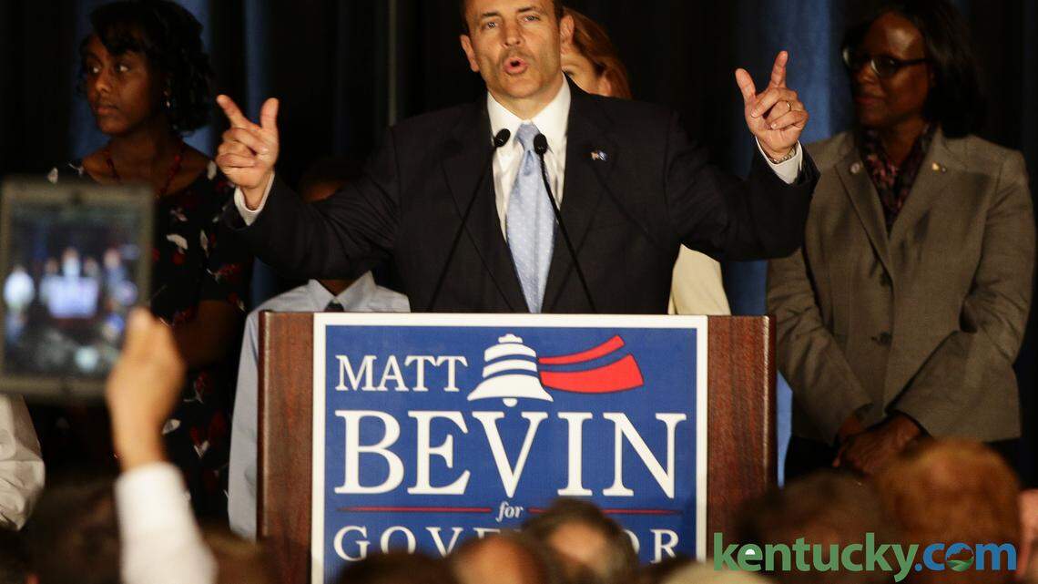 Matt Bevin gave his speech as he celebrated winning the election for Governor of Kentucky at the Galt House in  Louisville , Ky. on Tuesday November 3, 2015. Photo by Mark Cornelison | Staff